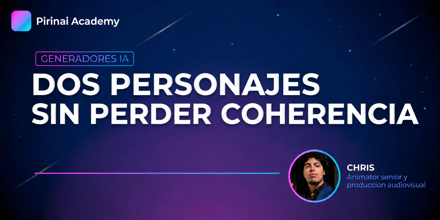 Slide de Pirinai Academy sobre generadores de IA y personajes consistentes, con Chris, animador senior